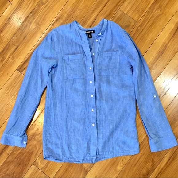 Lands End blue linen button up down blouse coastal beach cottage core small - Picture 3 of 4